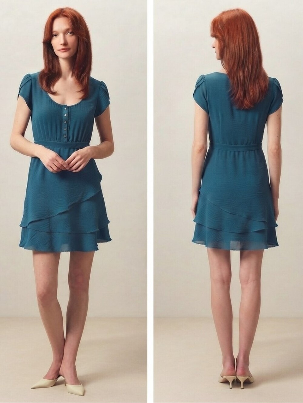 Ted Baker Silk Velvet Tiered Mini Dress 10 Cap Sleeve Button Front Flowy Blue L